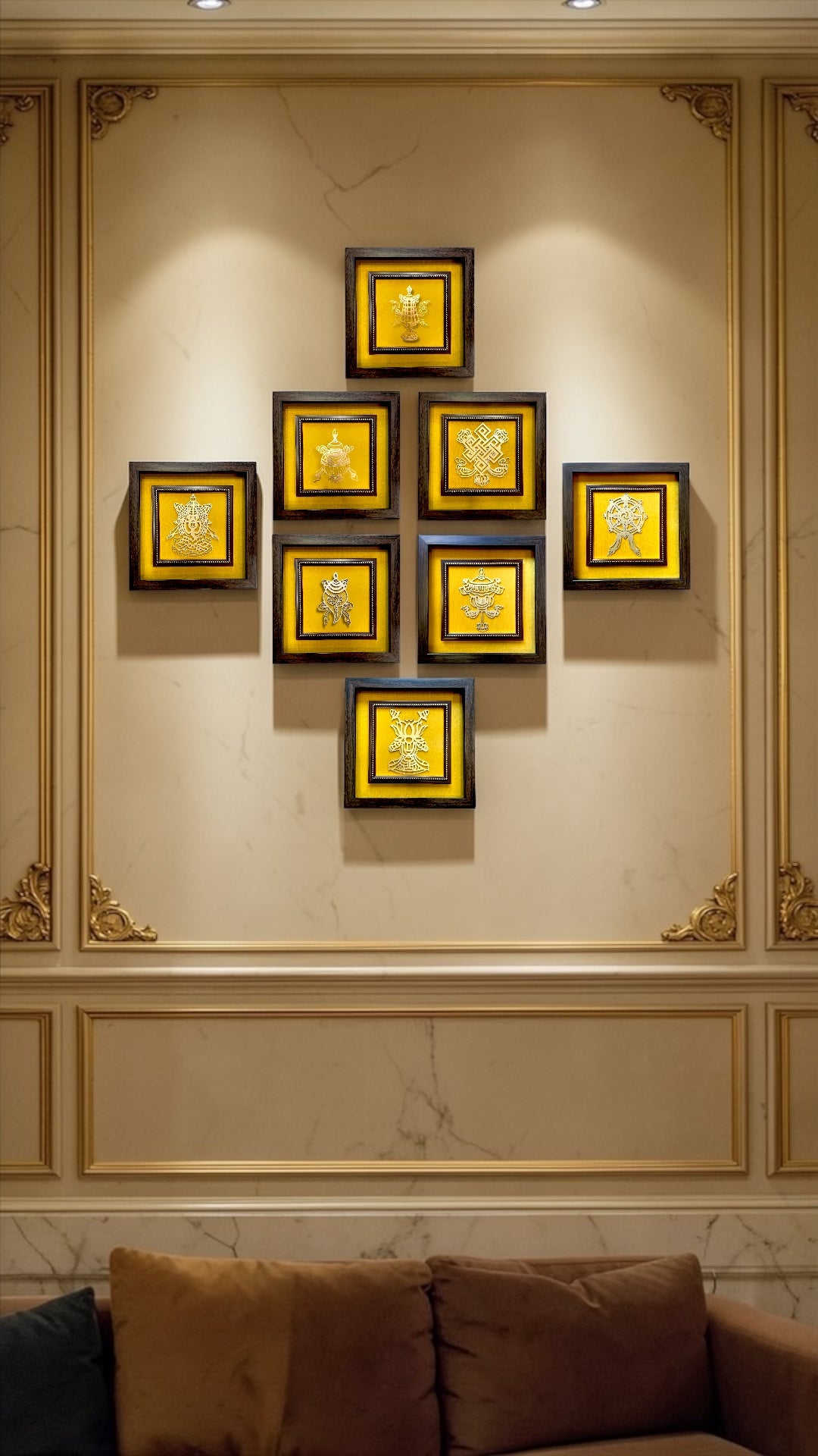 Ashtamangala Metal Wall Art Set | 8 Auspicious Symbols with Yellow Silk Backdrop.