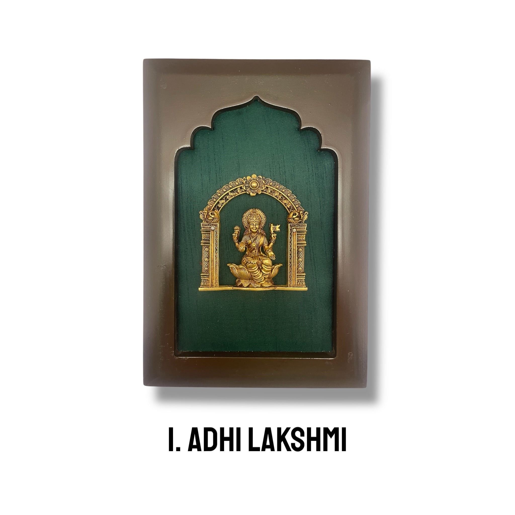 Astalakshmi Brass Set of 8 with Rama Green Silk in Wooden Frame