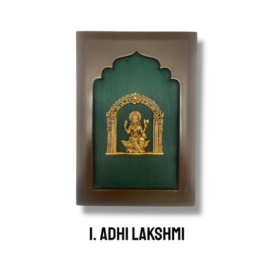 Asta Lakshmi Brass Set of 8 with Rama Green Silk in Wooden Frame