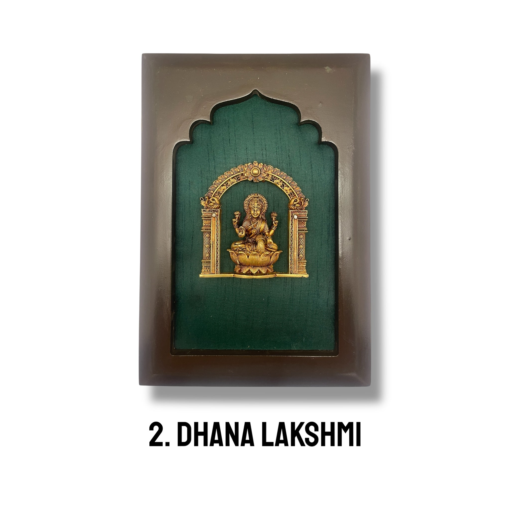 Astalakshmi Brass Set of 8 with Rama Green Silk in Wooden Frame