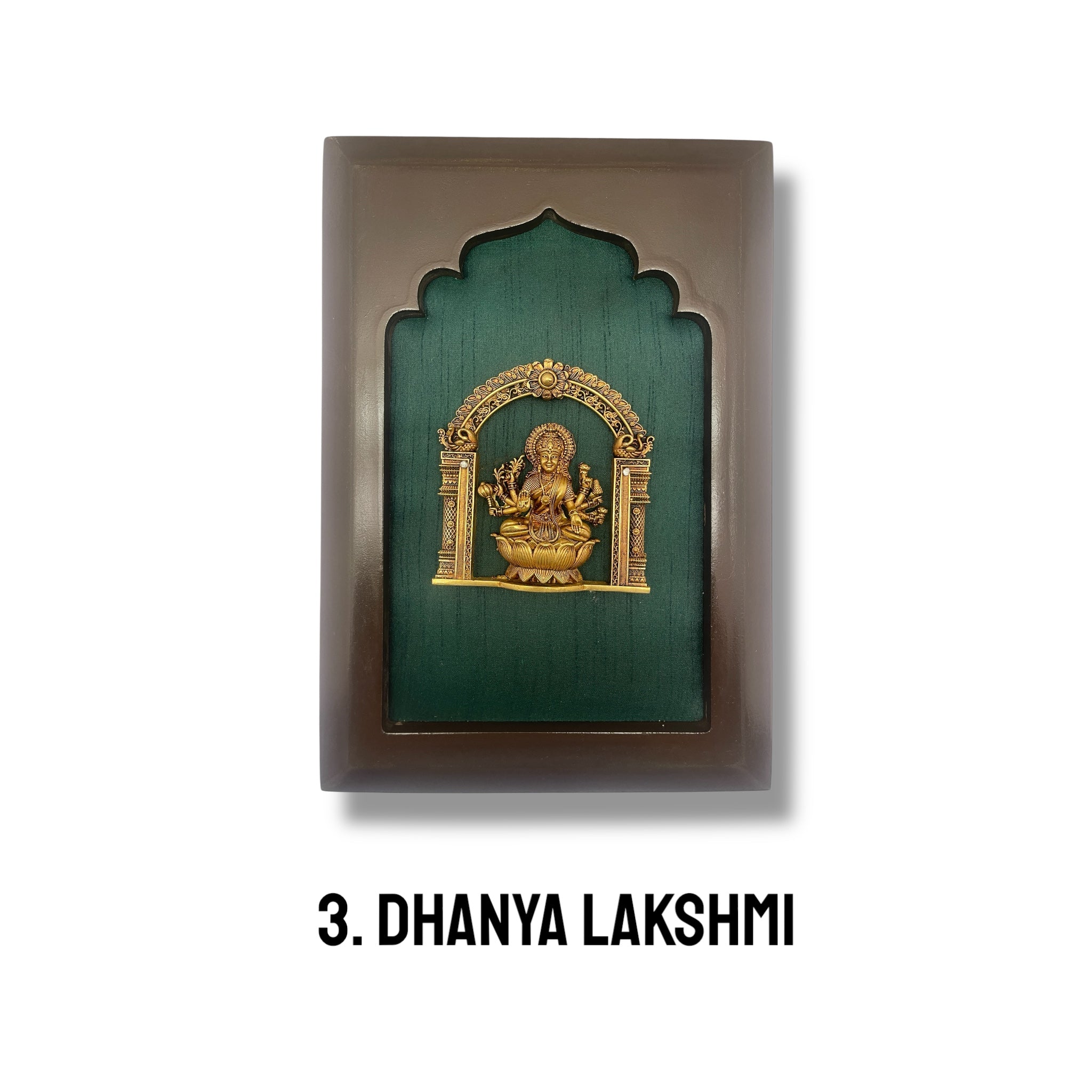 Astalakshmi Brass Set of 8 with Rama Green Silk in Wooden Frame