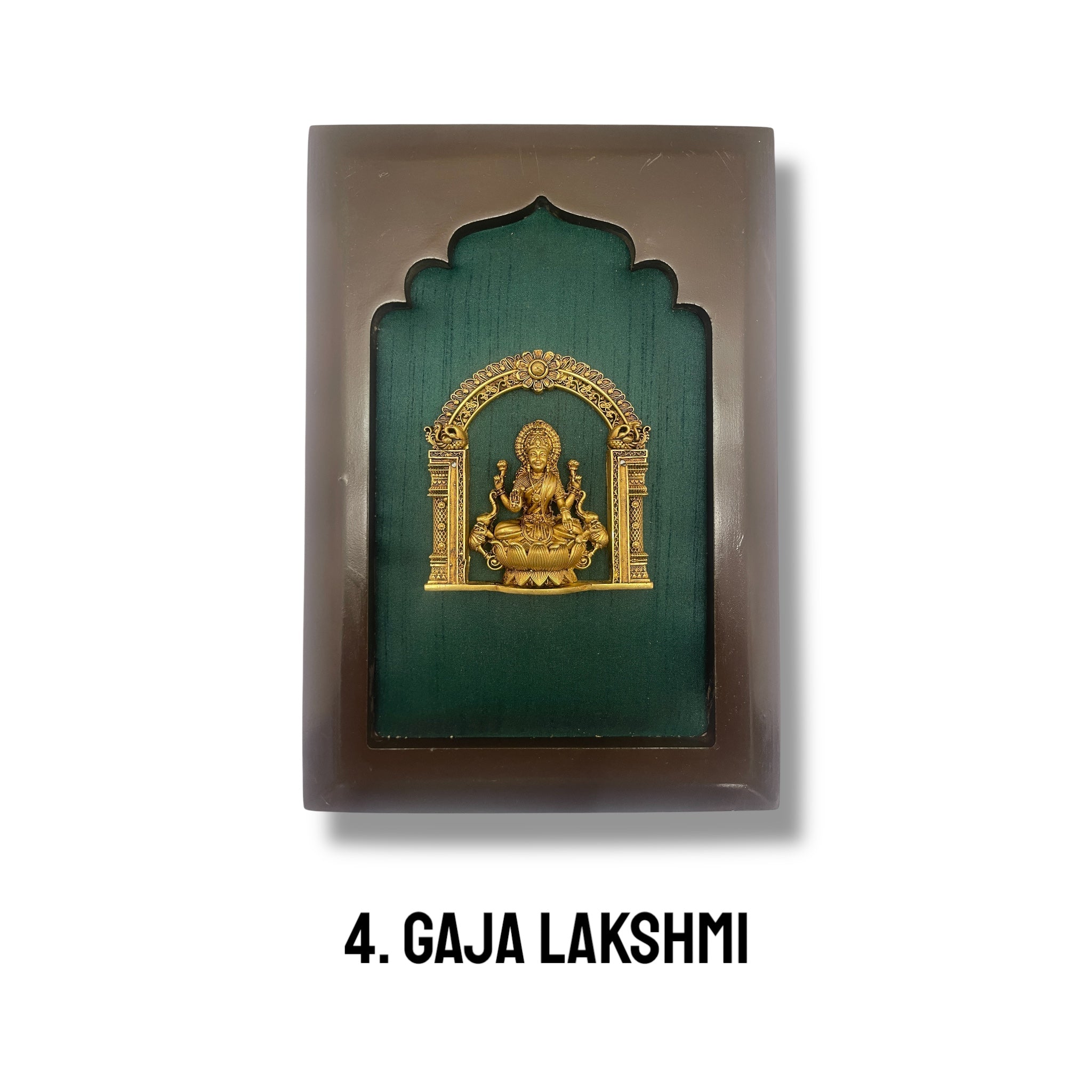 Astalakshmi Brass Set of 8 with Rama Green Silk in Wooden Frame