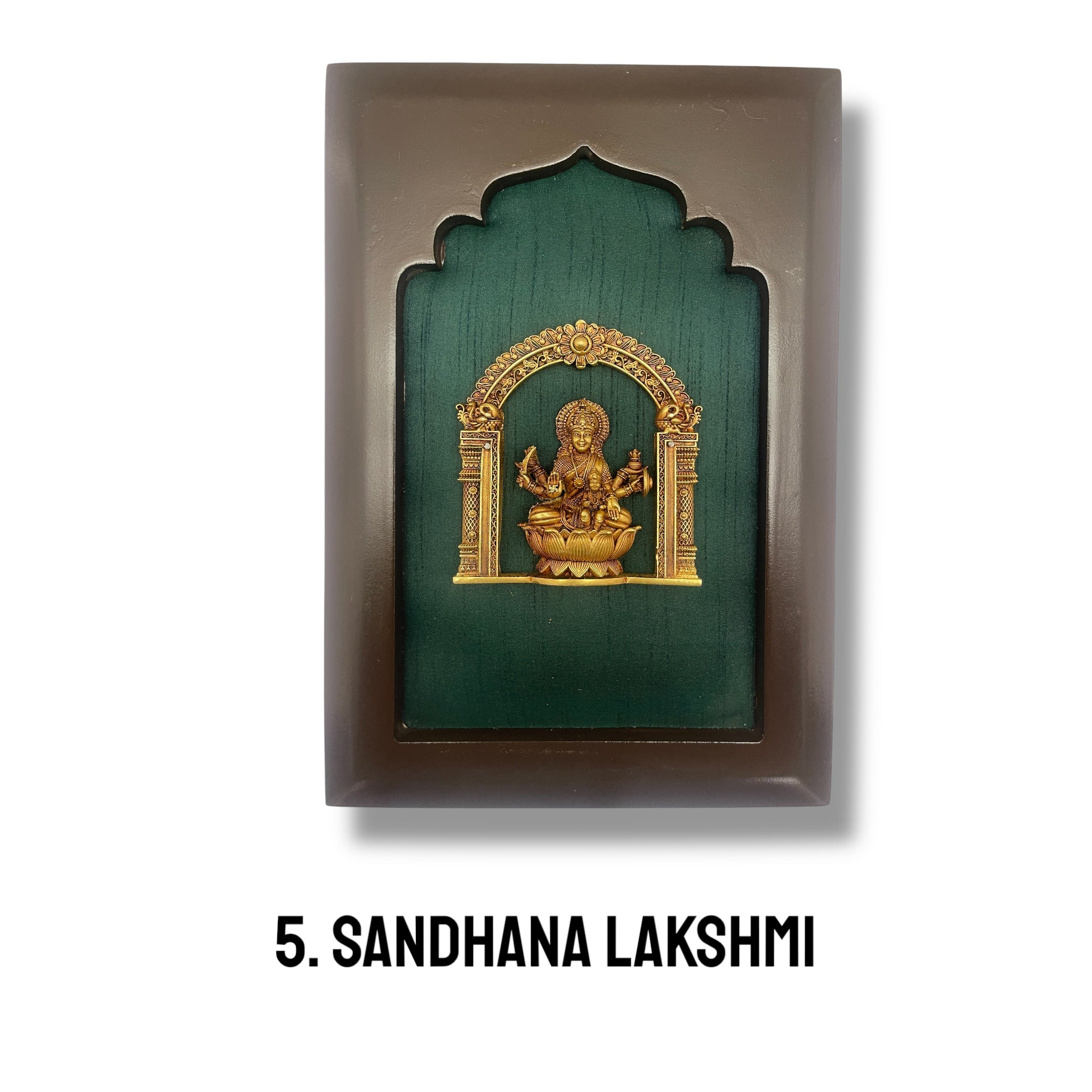 Astalakshmi Brass Set of 8 with Rama Green Silk in Wooden Frame