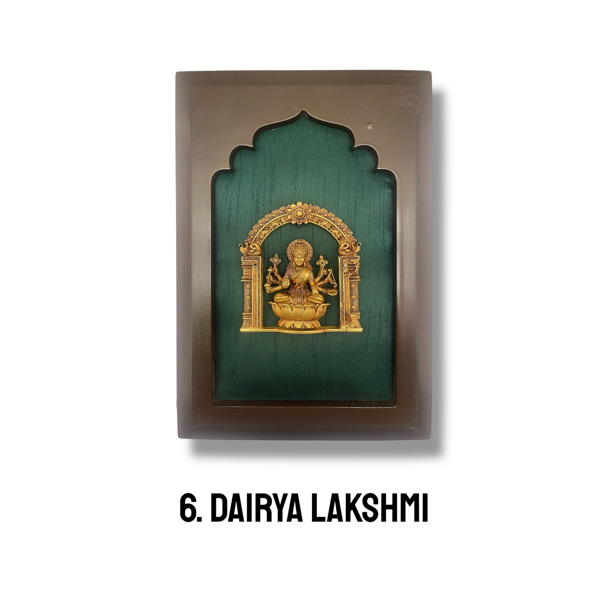 Astalakshmi Brass Set of 8 with Rama Green Silk in Wooden Frame