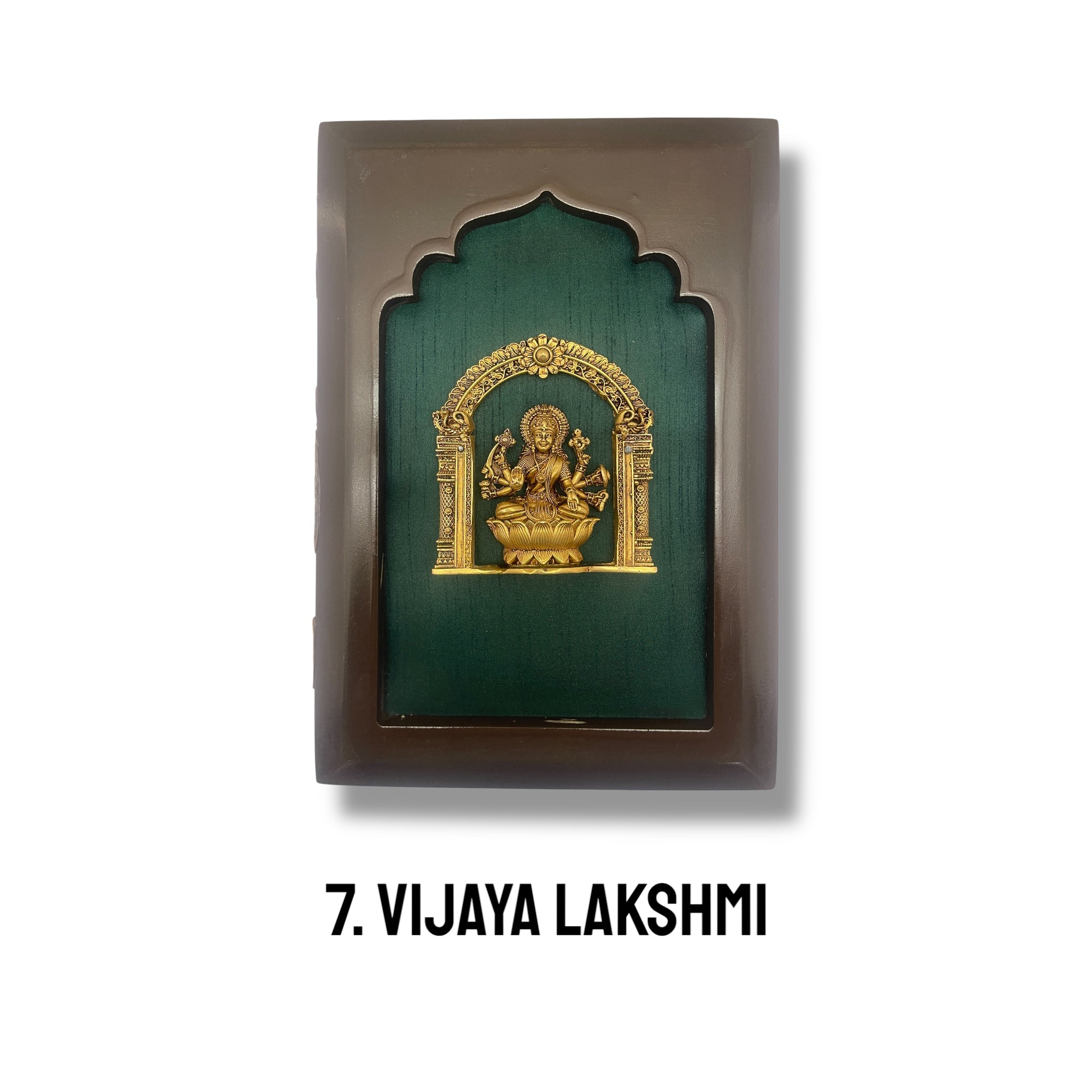 Astalakshmi Brass Set of 8 with Rama Green Silk in Wooden Frame