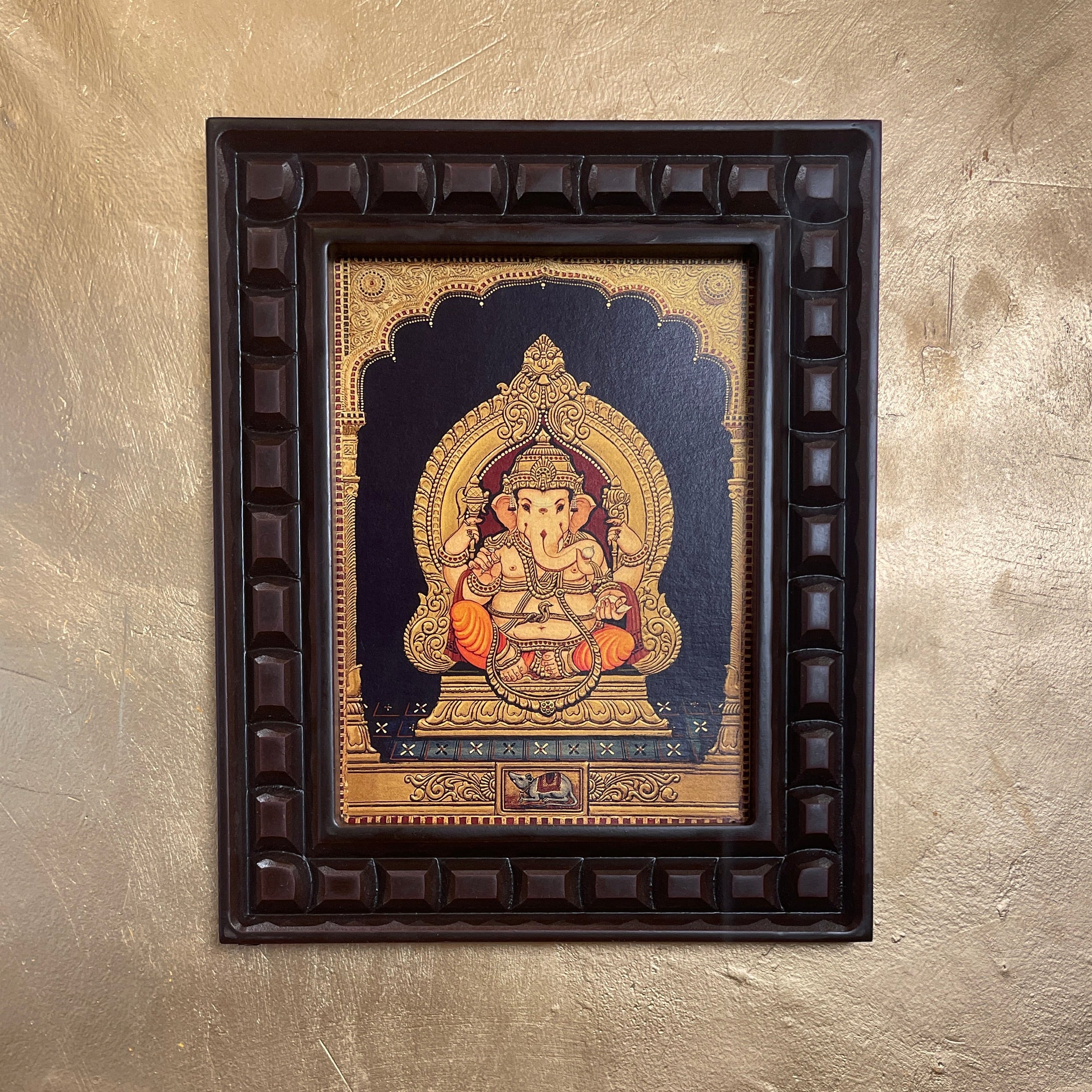 Shri Ganesha -5 Gold Leafed Artwork with Polished Engineered Wooden Frame