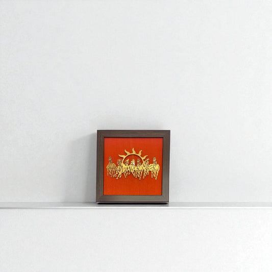 7 Running Horses with Red Silk in Brown Frame