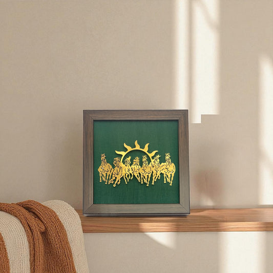 7 Running Horses with Green Silk in Brown Frame