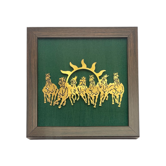7 Running Horses with Green Silk in Brown Frame