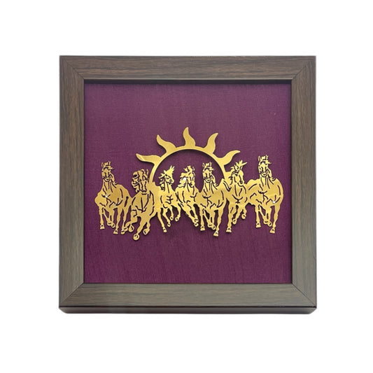7 Running Horses with Purple Silk in Brown Frame