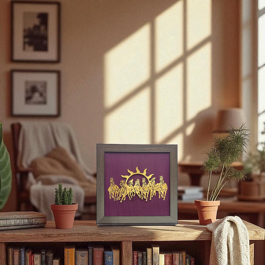 7 Running Horses with Purple Silk in Brown Frame