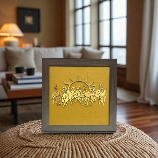 7 Running Horses with Gold Silk in Brown Frame