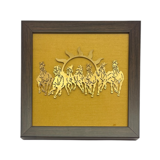 7 Running Horses with Gold Silk in Brown Frame
