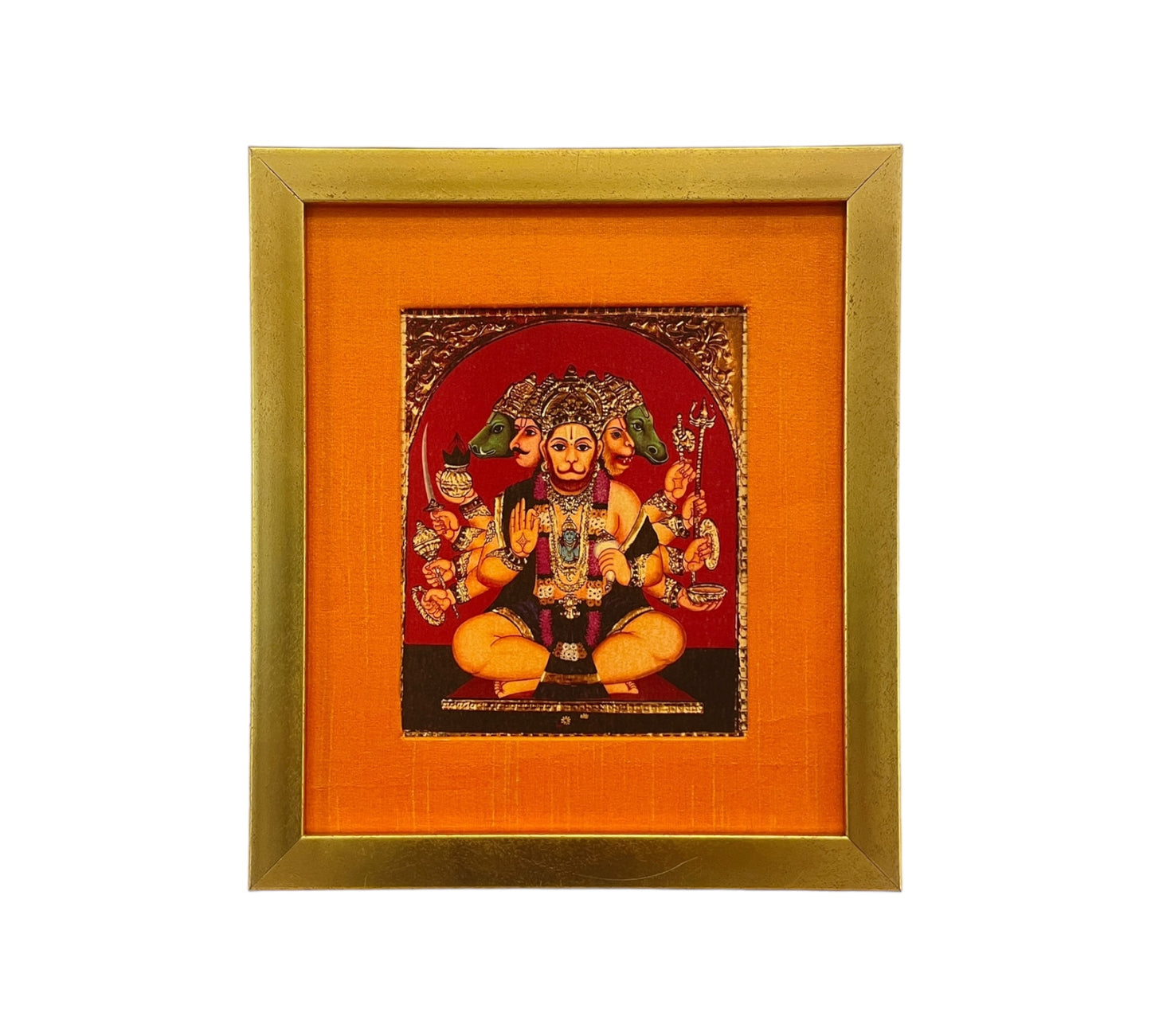 Transcendent Majesty of God Panchamooki Hanuman in Orange Silk With Gold Frame