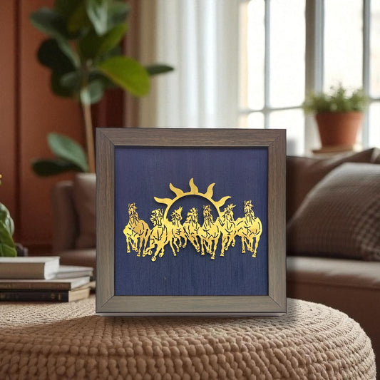 7 Running Horses with Blue Silk in Brown Frame