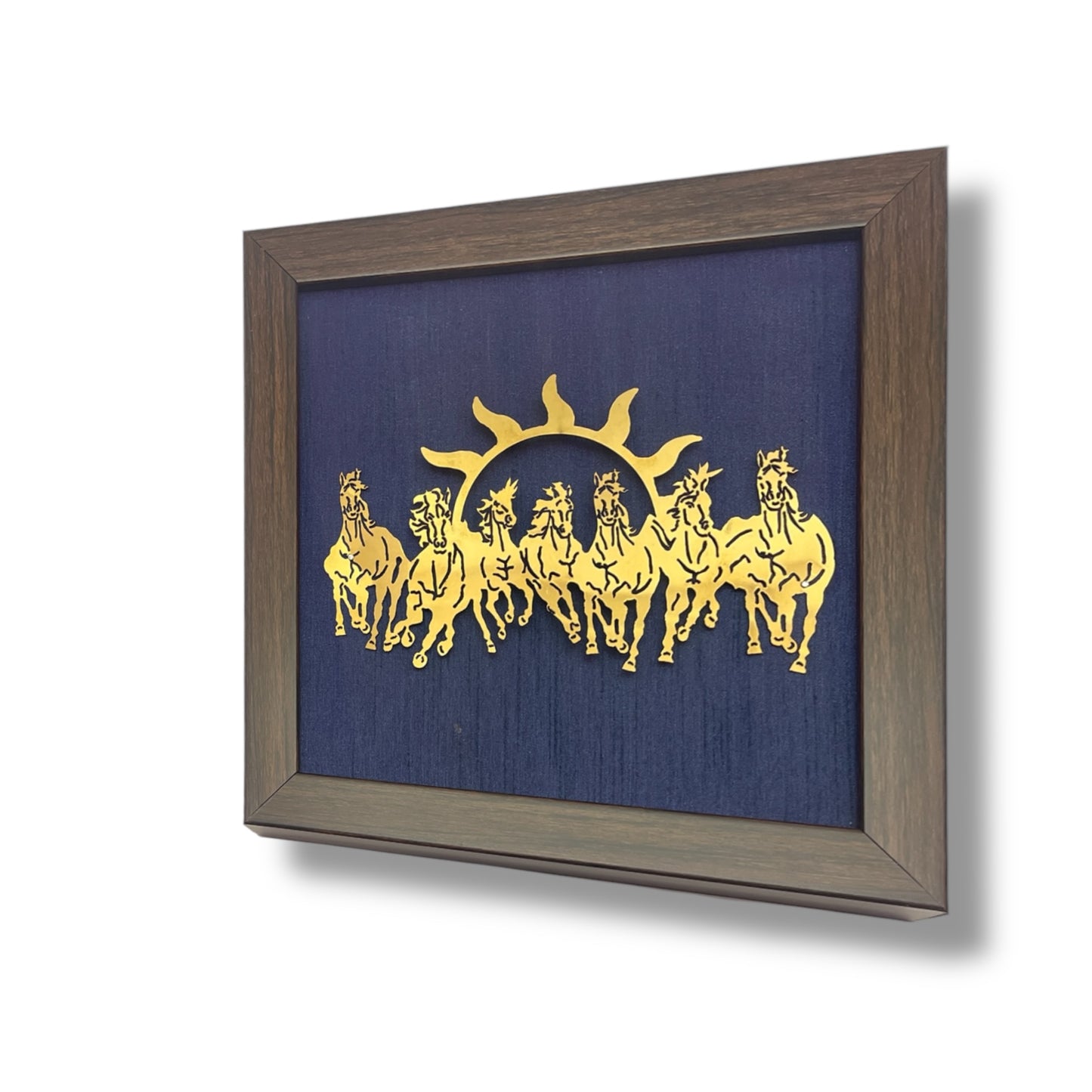 7 Running Horses with Blue Silk in Brown Frame