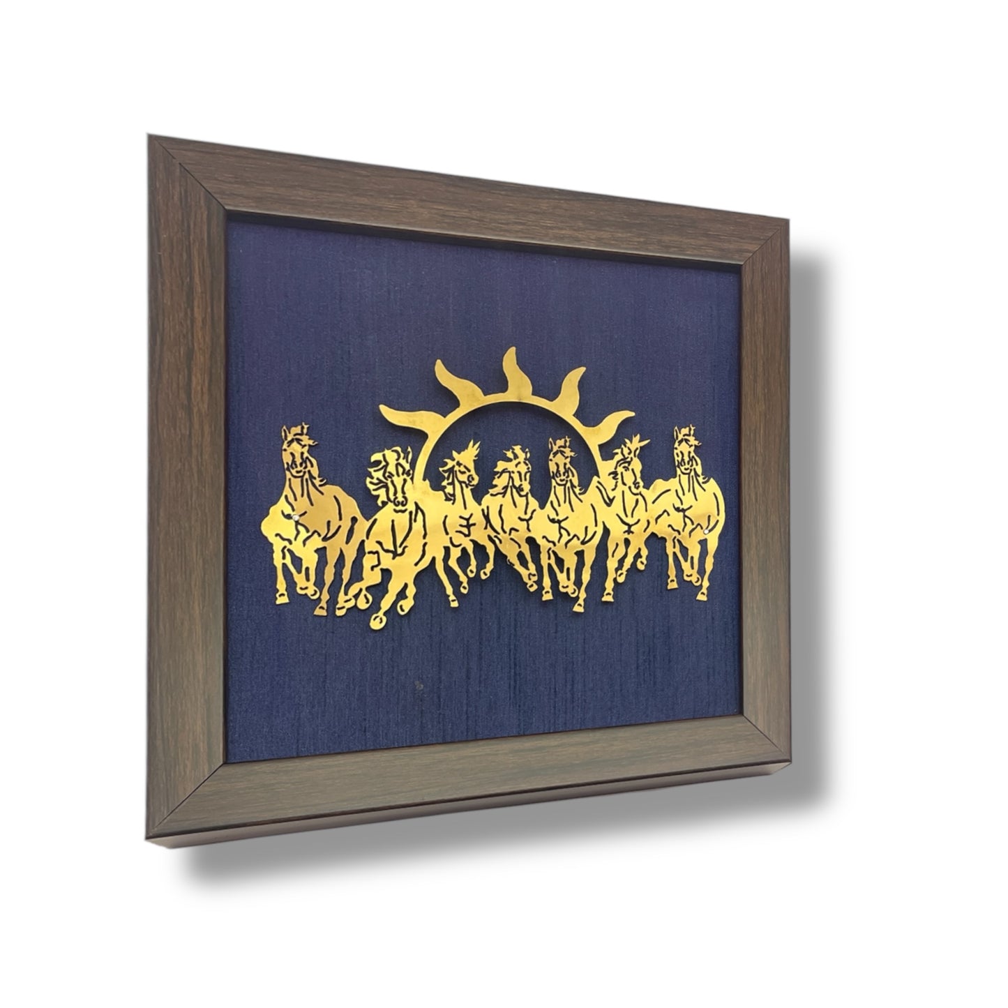 7 Running Horses with Blue Silk in Brown Frame