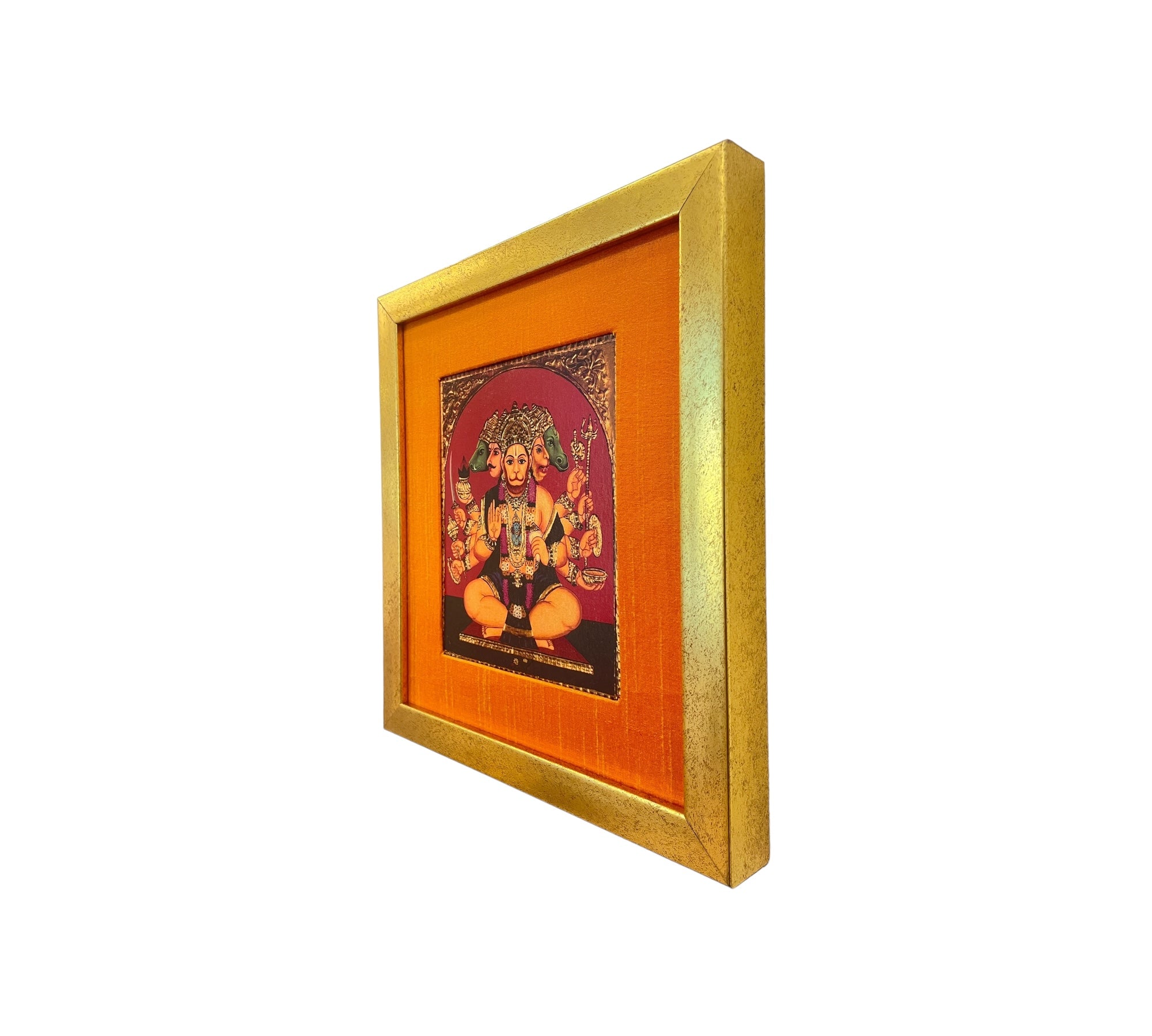 Transcendent Majesty of God Panchamooki Hanuman in Orange Silk With Gold Frame