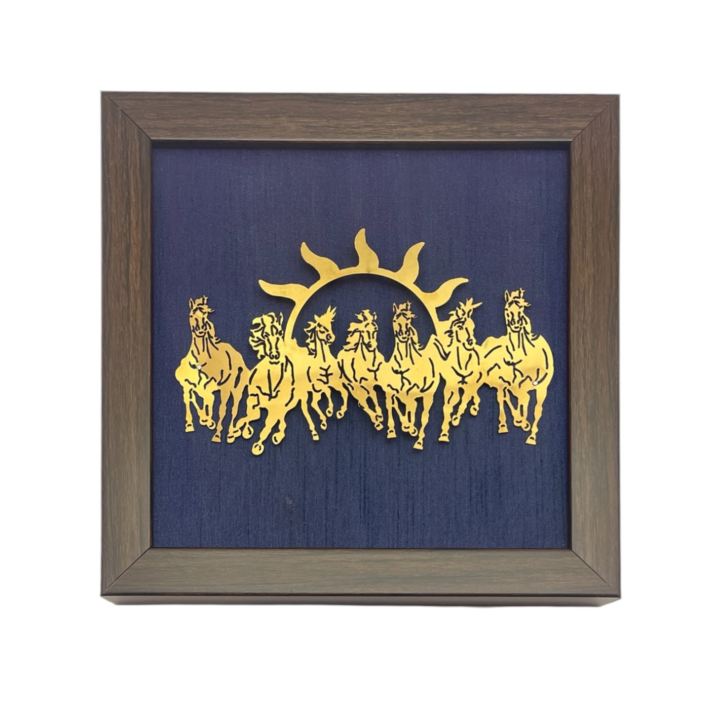 7 Running Horses with Blue Silk in Brown Frame