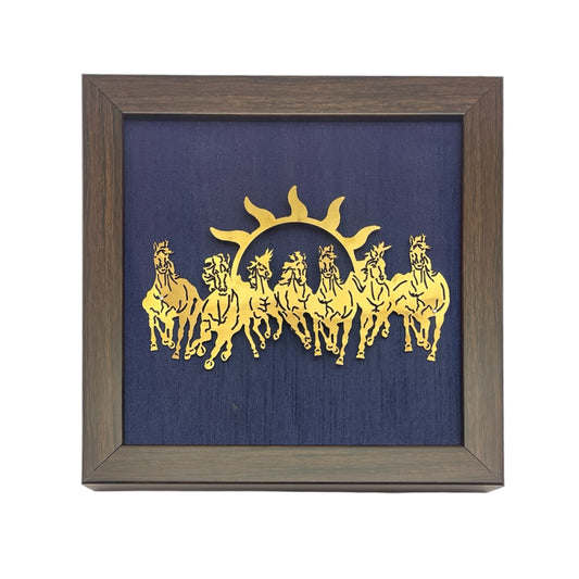 7 Running Horses with Blue Silk in Brown Frame