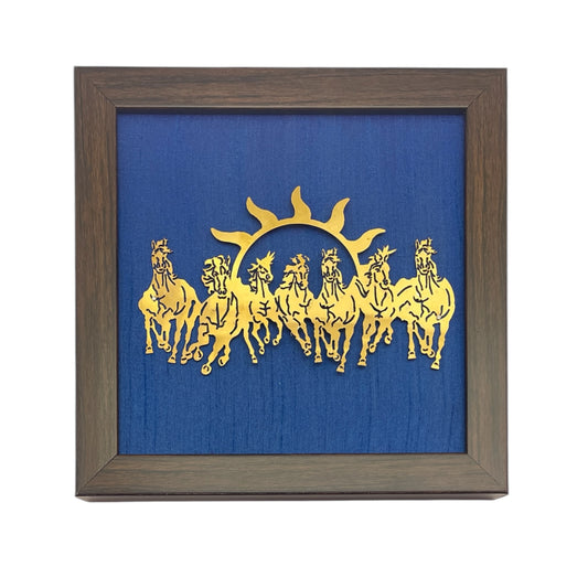 7 Running Horses with Two Tone Indigo Blue Silk in Brown Frame