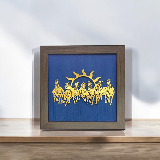 7 Running Horses with Two Tone Indigo Blue Silk in Brown Frame