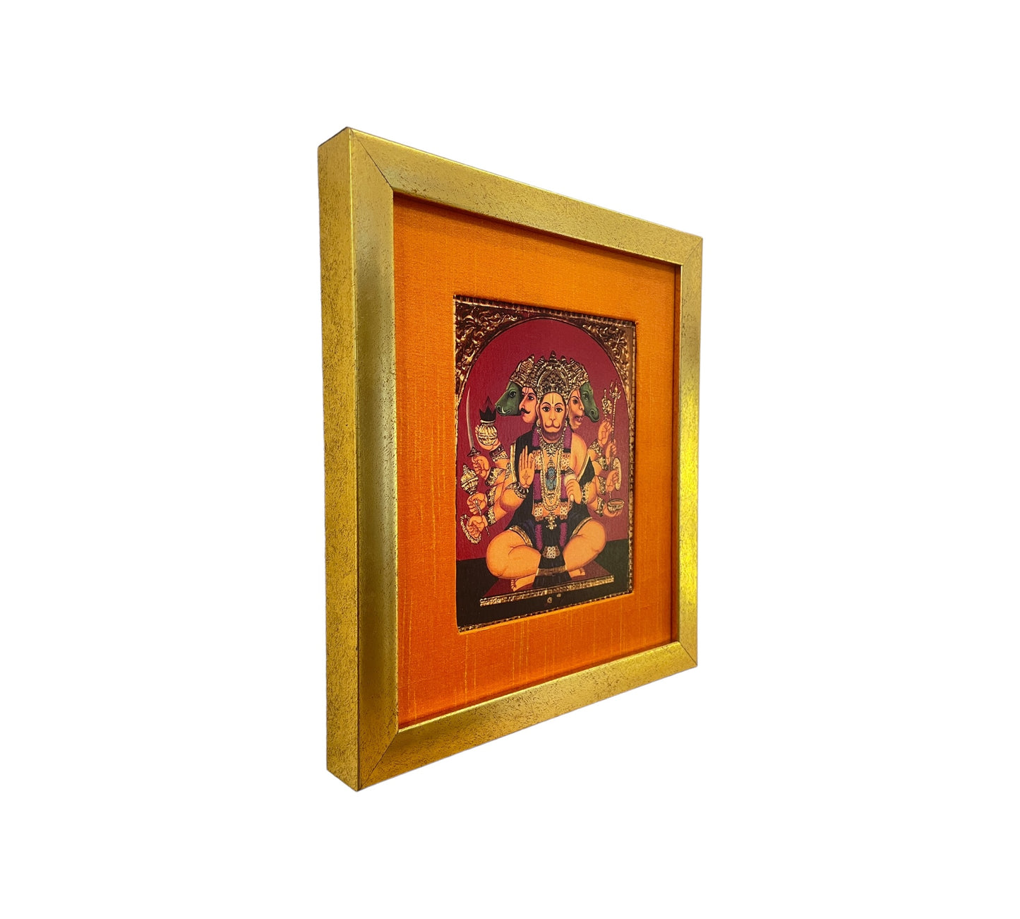 Transcendent Majesty of God Panchamooki Hanuman in Orange Silk With Gold Frame