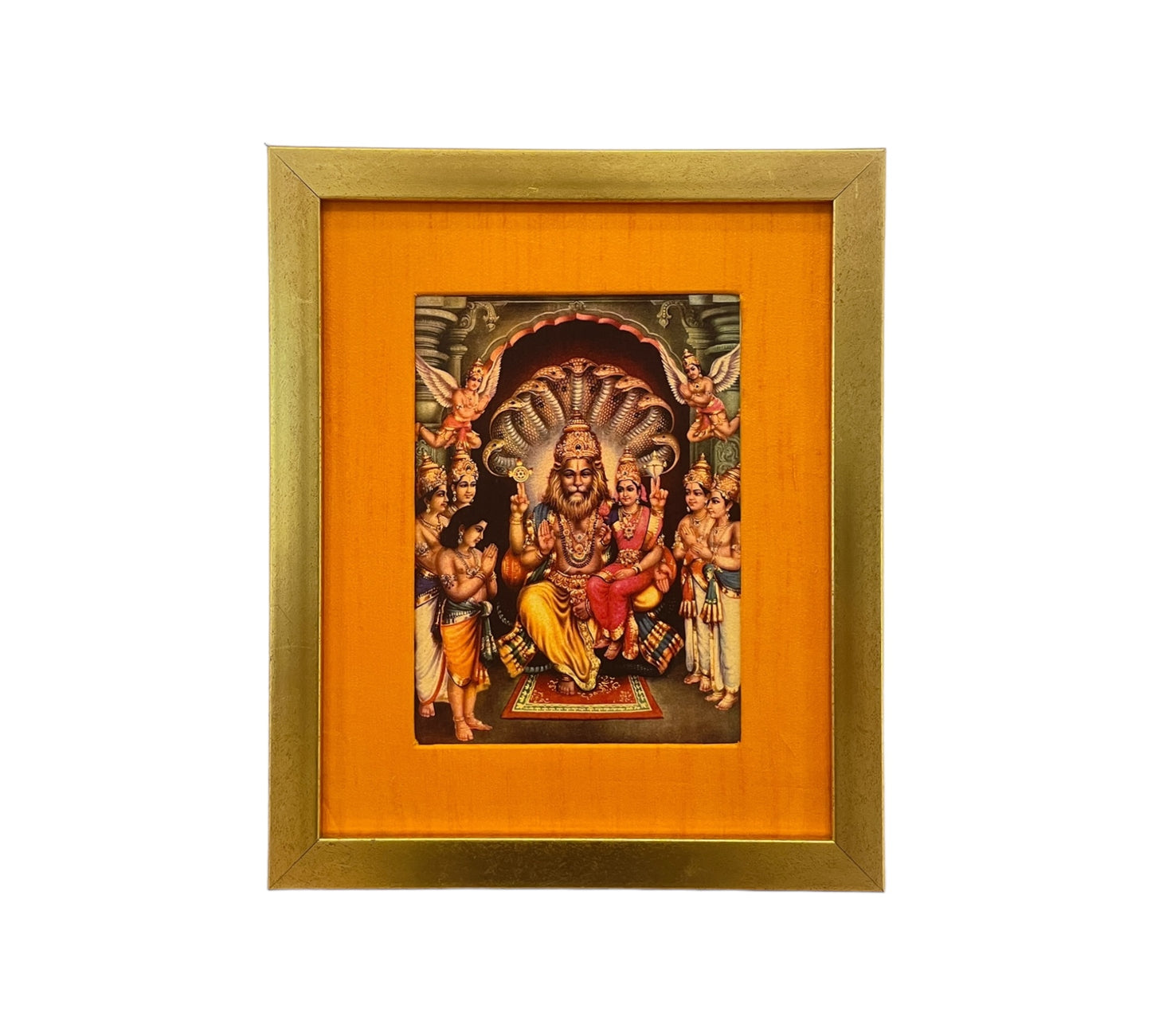 Sacred Harmony: God Lakshmi Narasimha Swamy in Orange Silk With Gold Frame