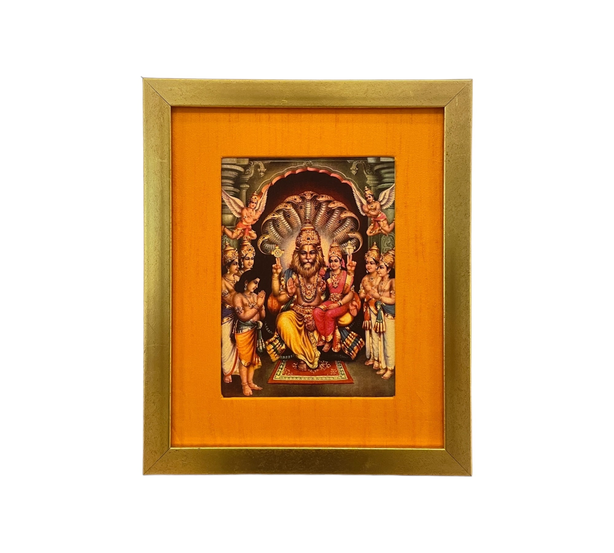 Sacred Harmony: God Lakshmi Narasimha Swamy in Orange Silk With Gold Frame