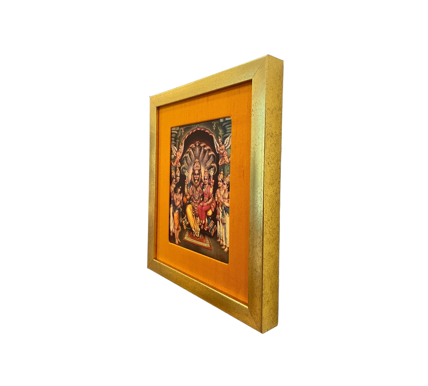 Sacred Harmony: God Lakshmi Narasimha Swamy in Orange Silk With Gold Frame