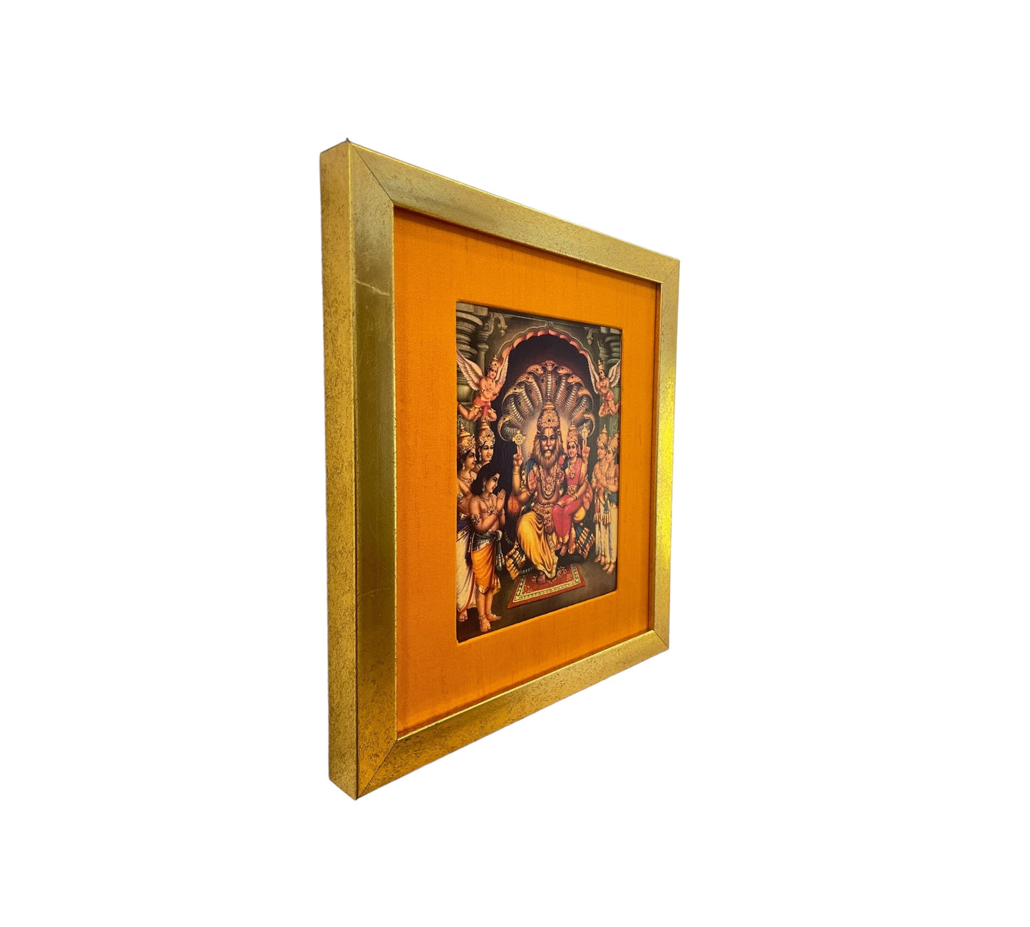 Sacred Harmony: God Lakshmi Narasimha Swamy in Orange Silk With Gold Frame