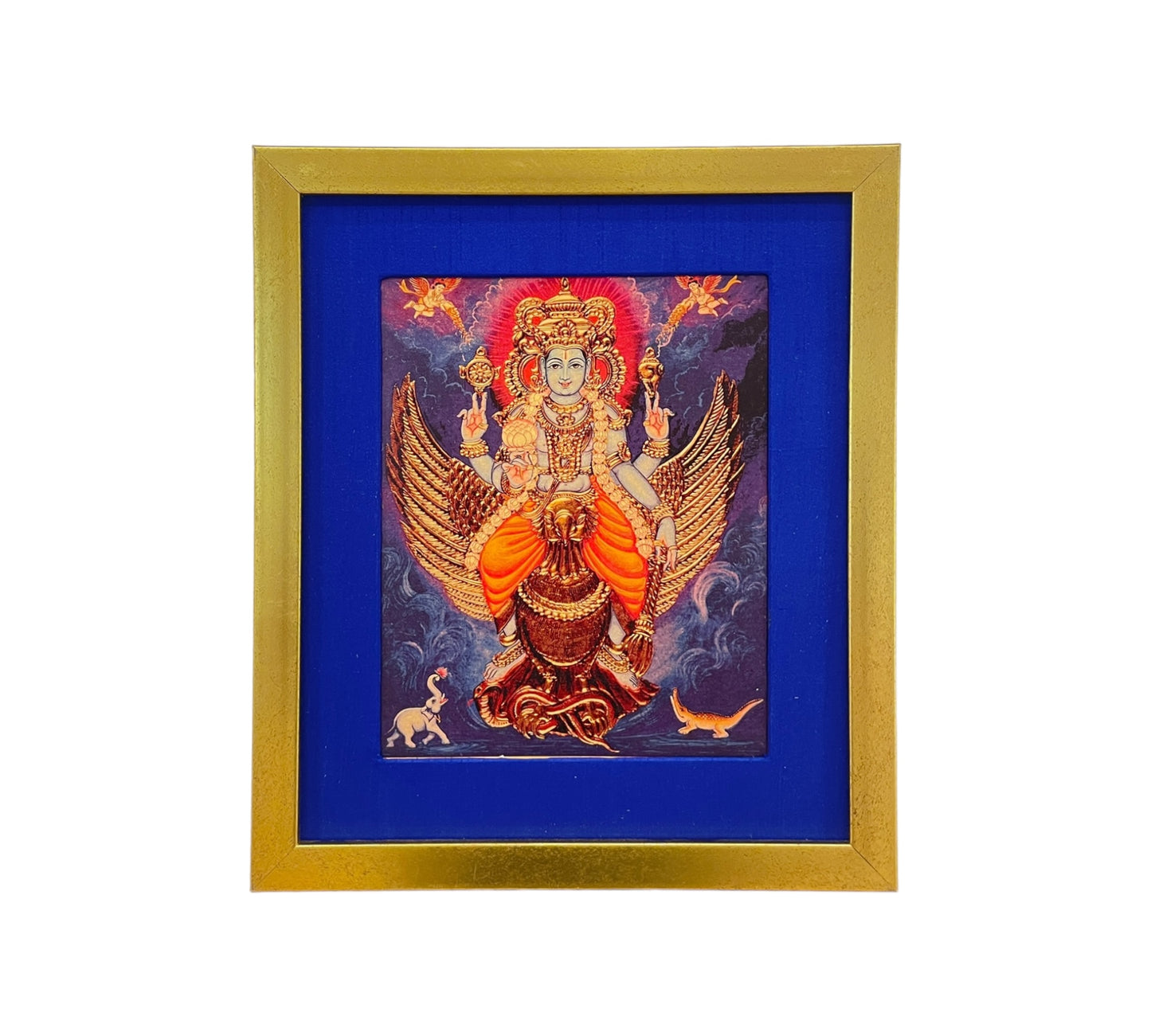 Sacred Serenity: Mahavishnu With Garuda Bhagavan in Blue Silk with Gold Frame