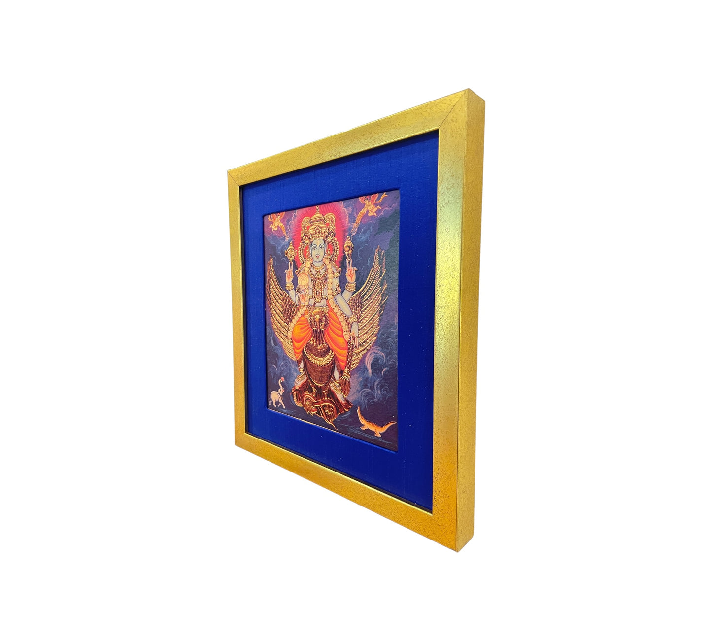 Sacred Serenity: Mahavishnu With Garuda Bhagavan in Blue Silk with Gold Frame