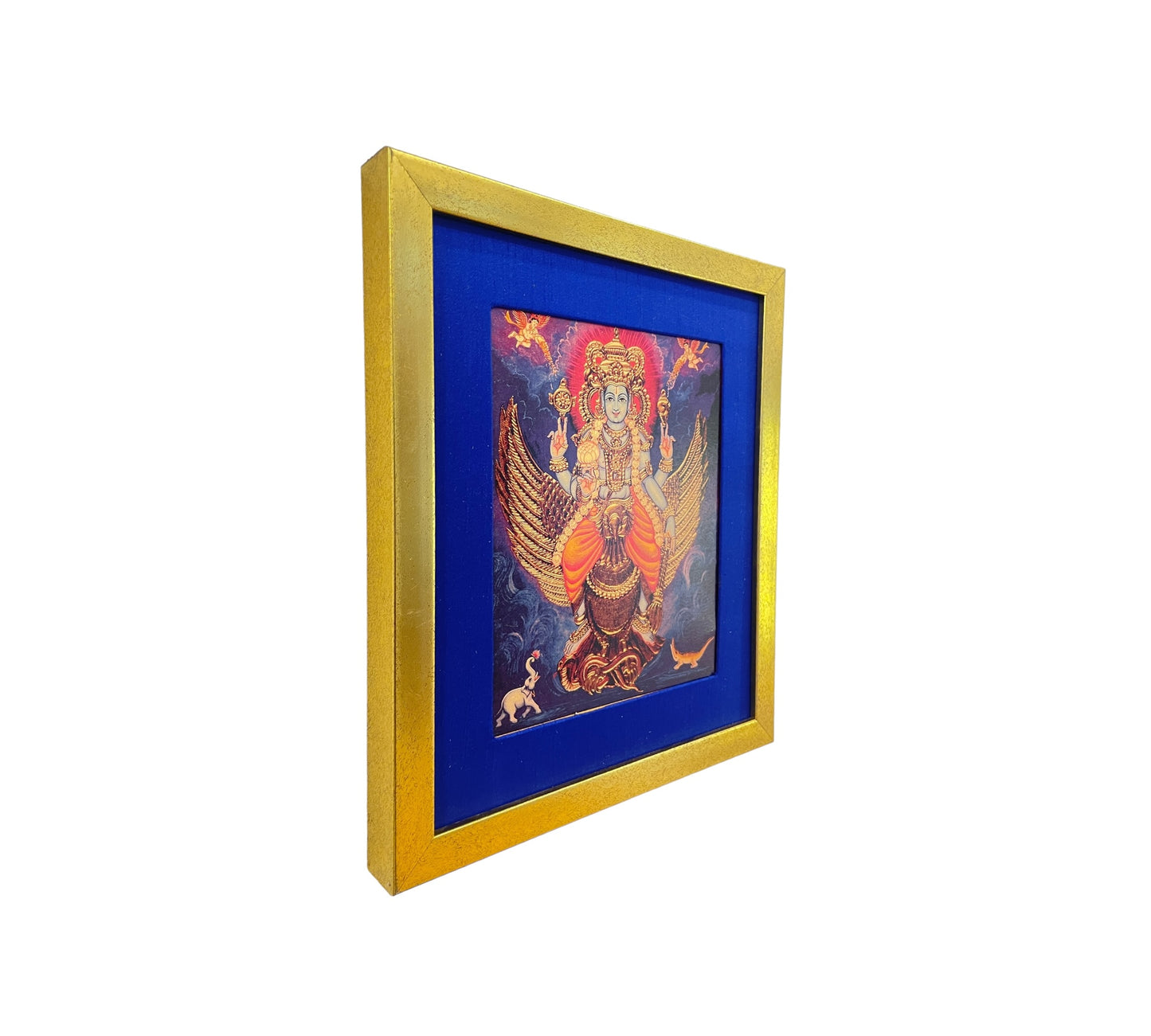 Sacred Serenity: Mahavishnu With Garuda Bhagavan in Blue Silk with Gold Frame