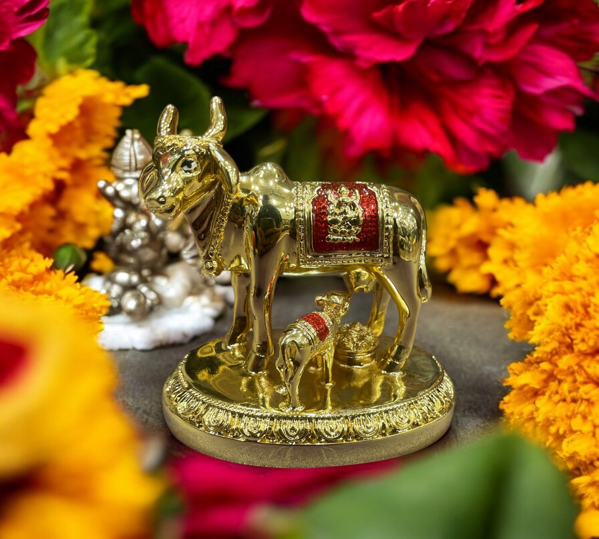 Kamadhenu Sterling Silver Gold plated with red enamel work