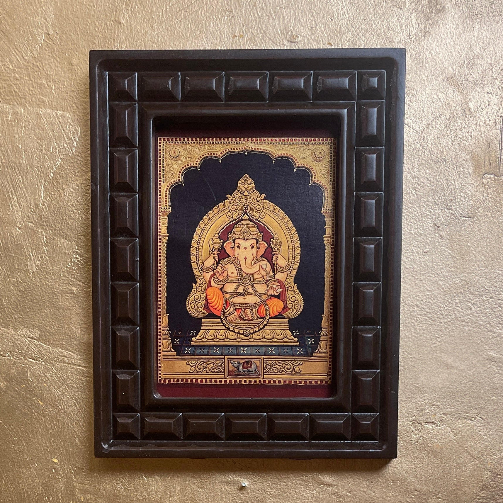Shri Ganesha -5 Gold Leafed Artwork with Polished Engineered Wooden Frame