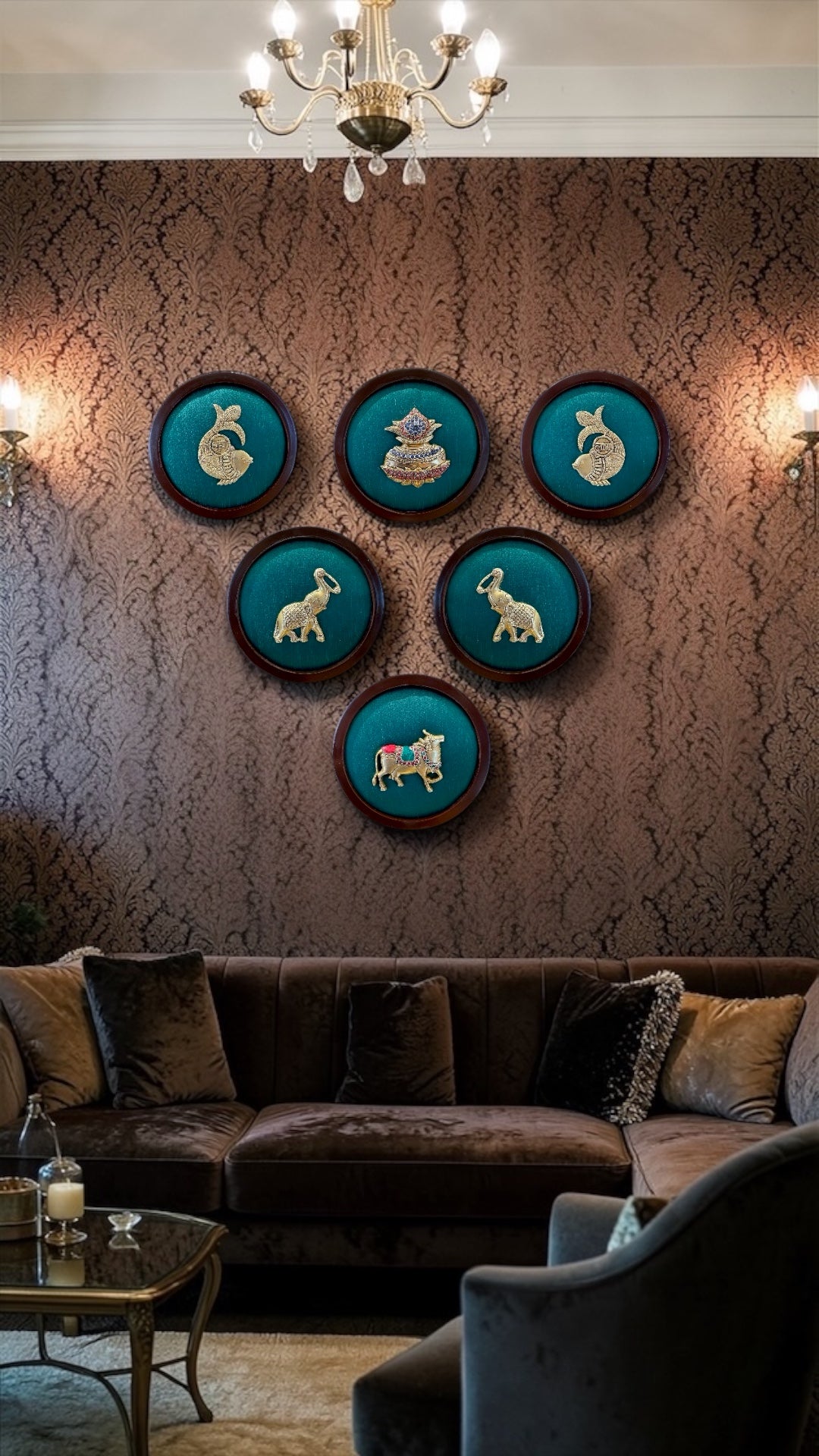6  Brass Frames Wall Art Set – Shubh Labh, Kalash, Pair Elephants & Kamadhenu | Green Silk Backdrop Wooden Frame Decor.
