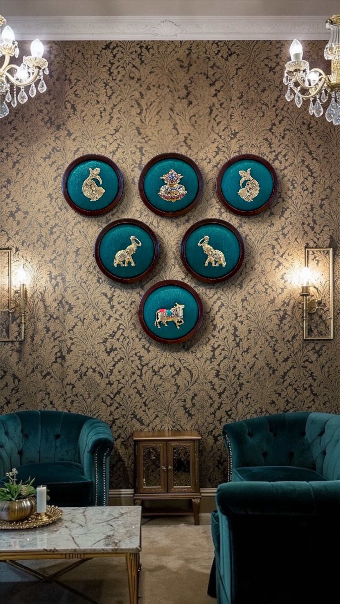 6  Brass Frames Wall Art Set – Shubh Labh, Kalash, Pair Elephants & Kamadhenu | Green Silk Backdrop Wooden Frame Decor.