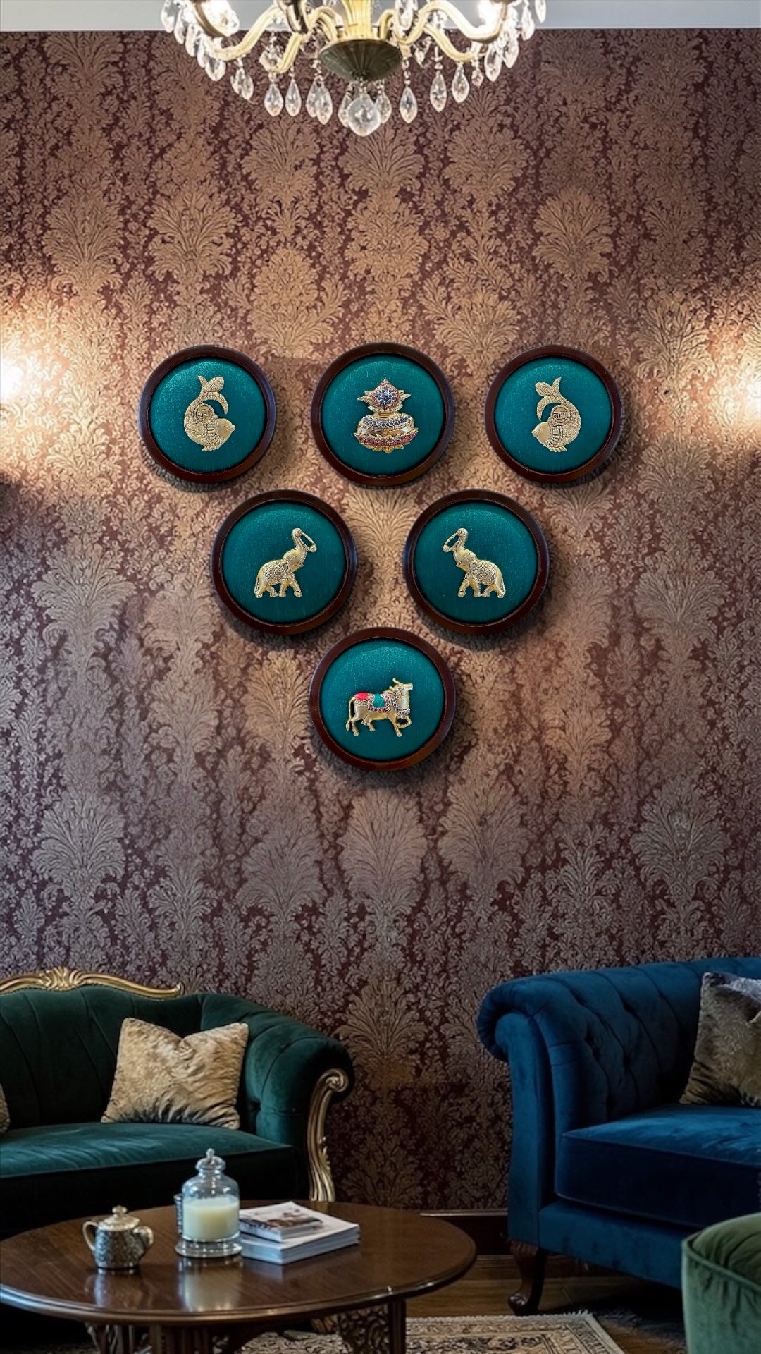 6  Brass Frames Wall Art Set – Shubh Labh, Kalash, Pair Elephants & Kamadhenu | Green Silk Backdrop Wooden Frame Decor.