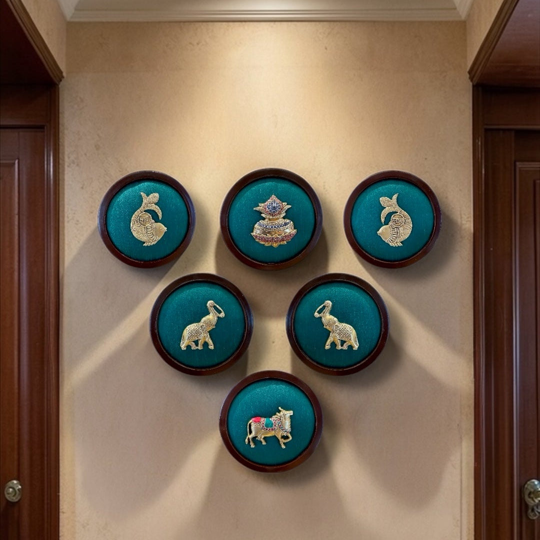 6  Brass Frames Wall Art Set – Shubh Labh, Kalash, Pair Elephants & Kamadhenu | Green Silk Backdrop Wooden Frame Decor.