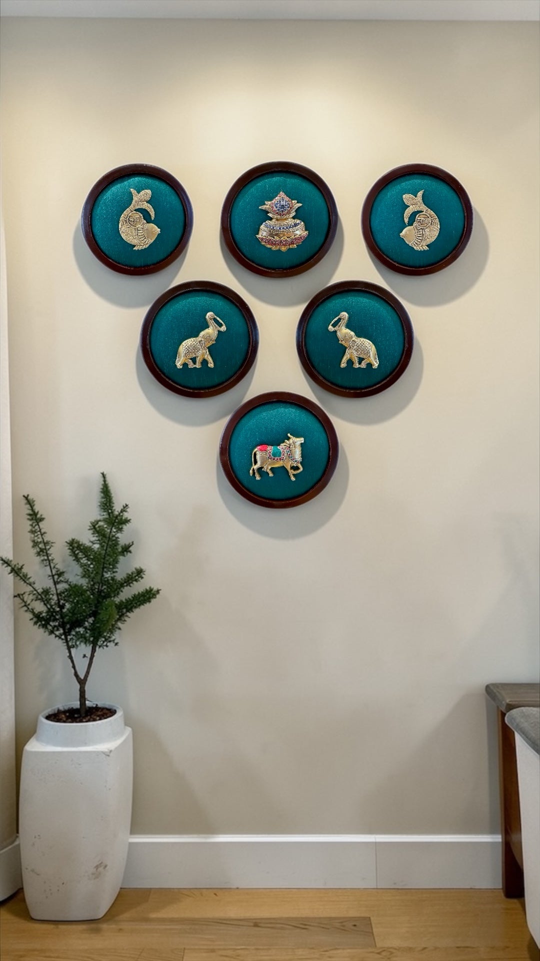 6  Brass Frames Wall Art Set – Shubh Labh, Kalash, Pair Elephants & Kamadhenu | Green Silk Backdrop Wooden Frame Decor.