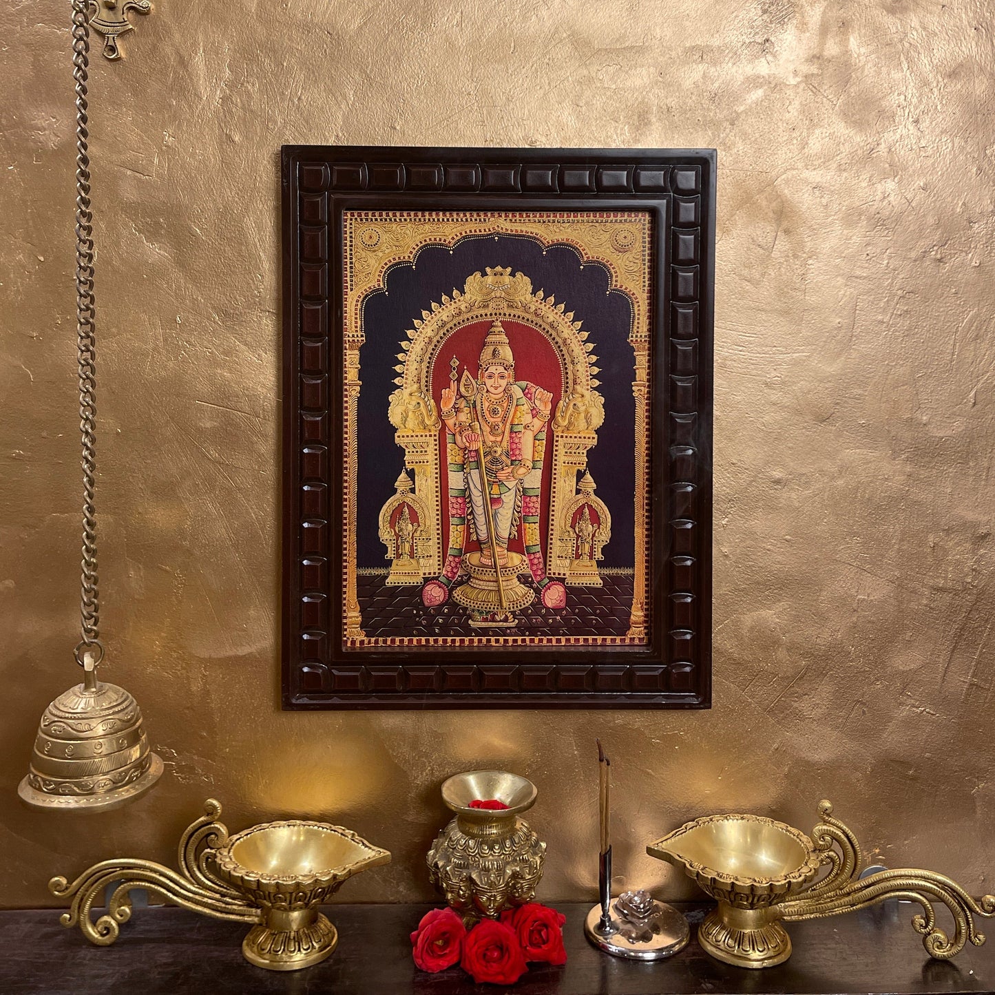 Tiruchendar Murugan Gold Leafed Art With Wooden Frame