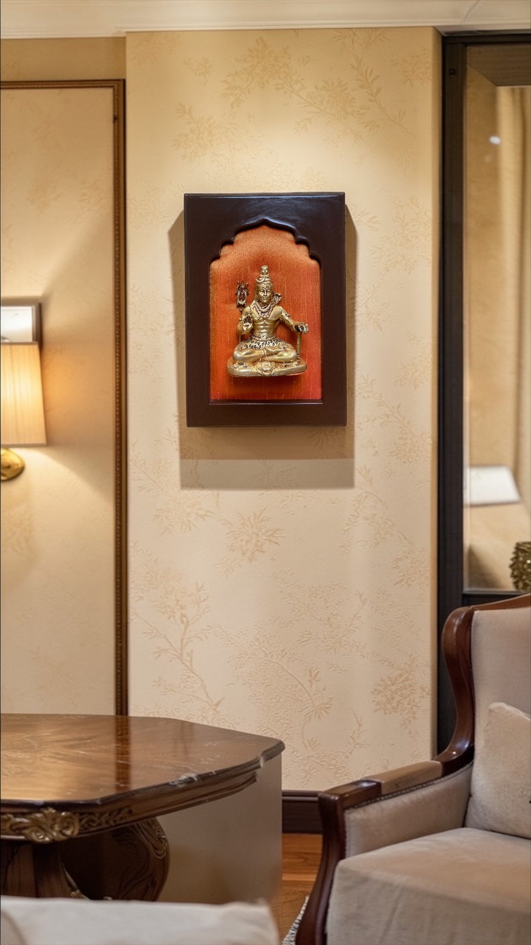 Brass Lord Shiva Wall Frame with Orange Silk Backdrop | Elegant Wooden Frame Spiritual Wall Art