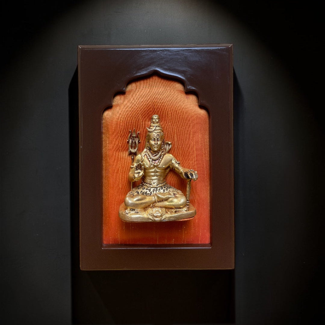 Brass Lord Shiva Wall Frame with Orange Silk Backdrop | Elegant Wooden Frame Spiritual Wall Art