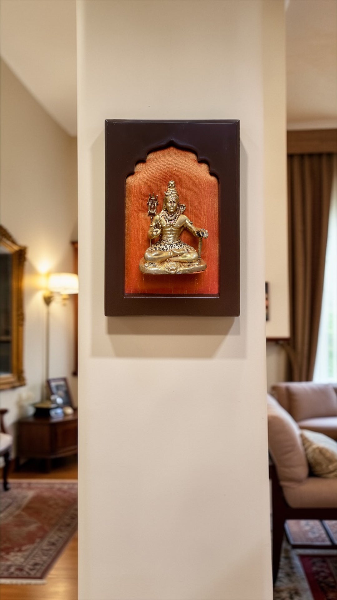 Brass Lord Shiva Wall Frame with Orange Silk Backdrop | Elegant Wooden Frame Spiritual Wall Art