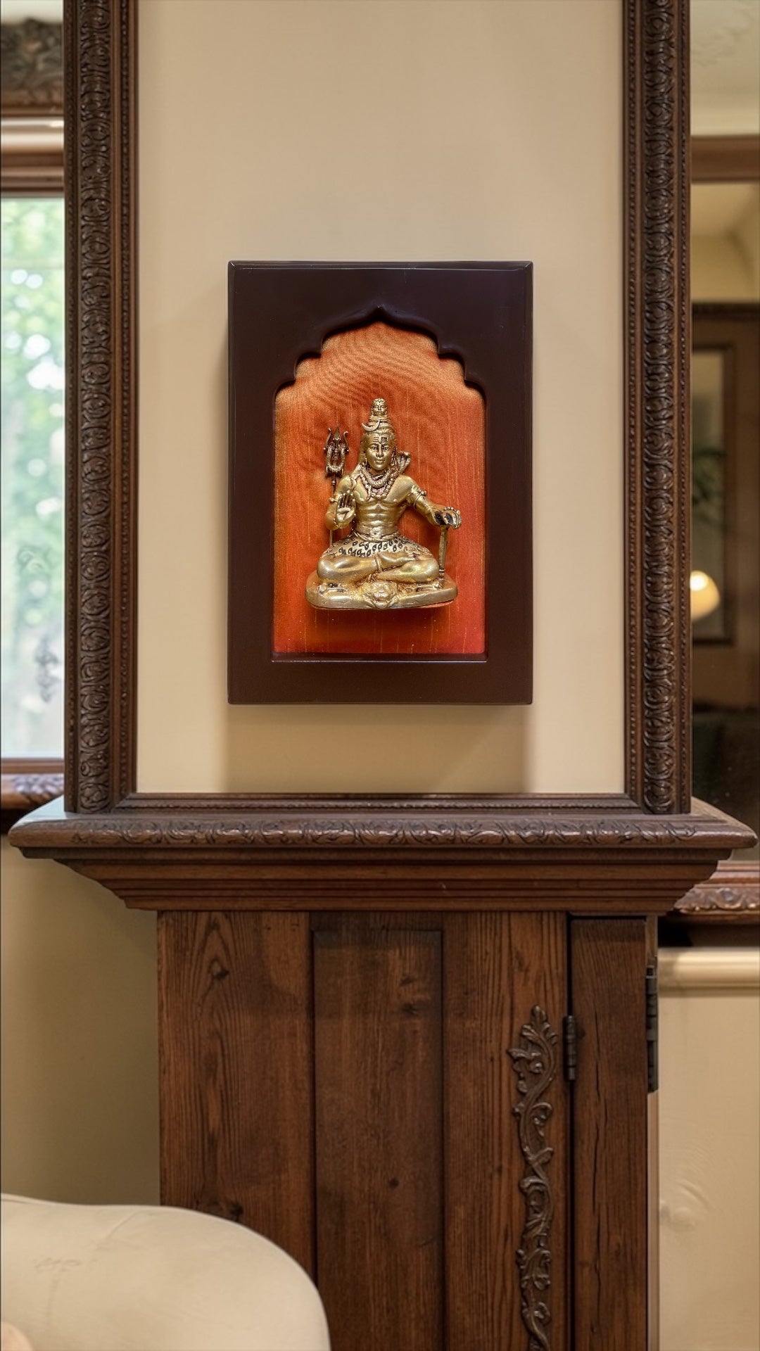Brass Lord Shiva Wall Frame with Orange Silk Backdrop | Elegant Wooden Frame Spiritual Wall Art