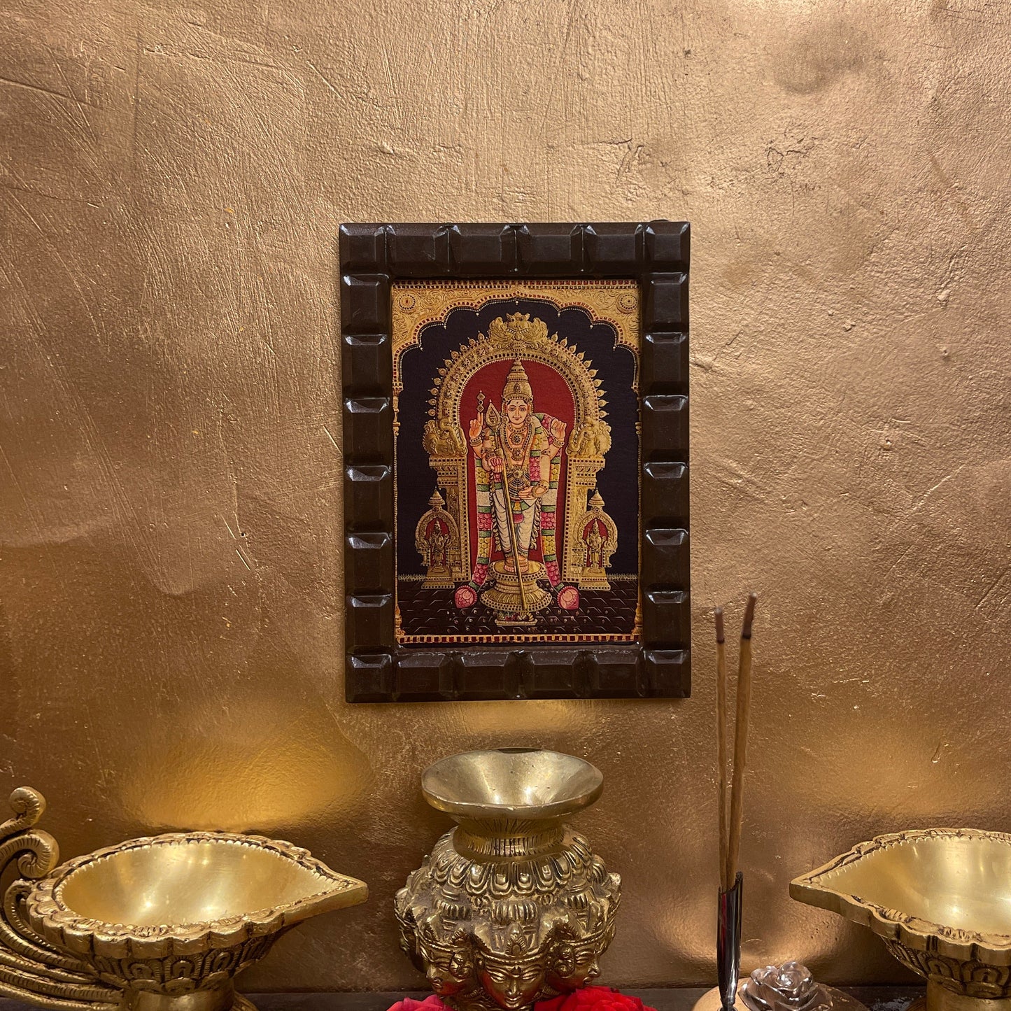 Tiruchendar Murugan Gold Leafed Art With Wooden Frame