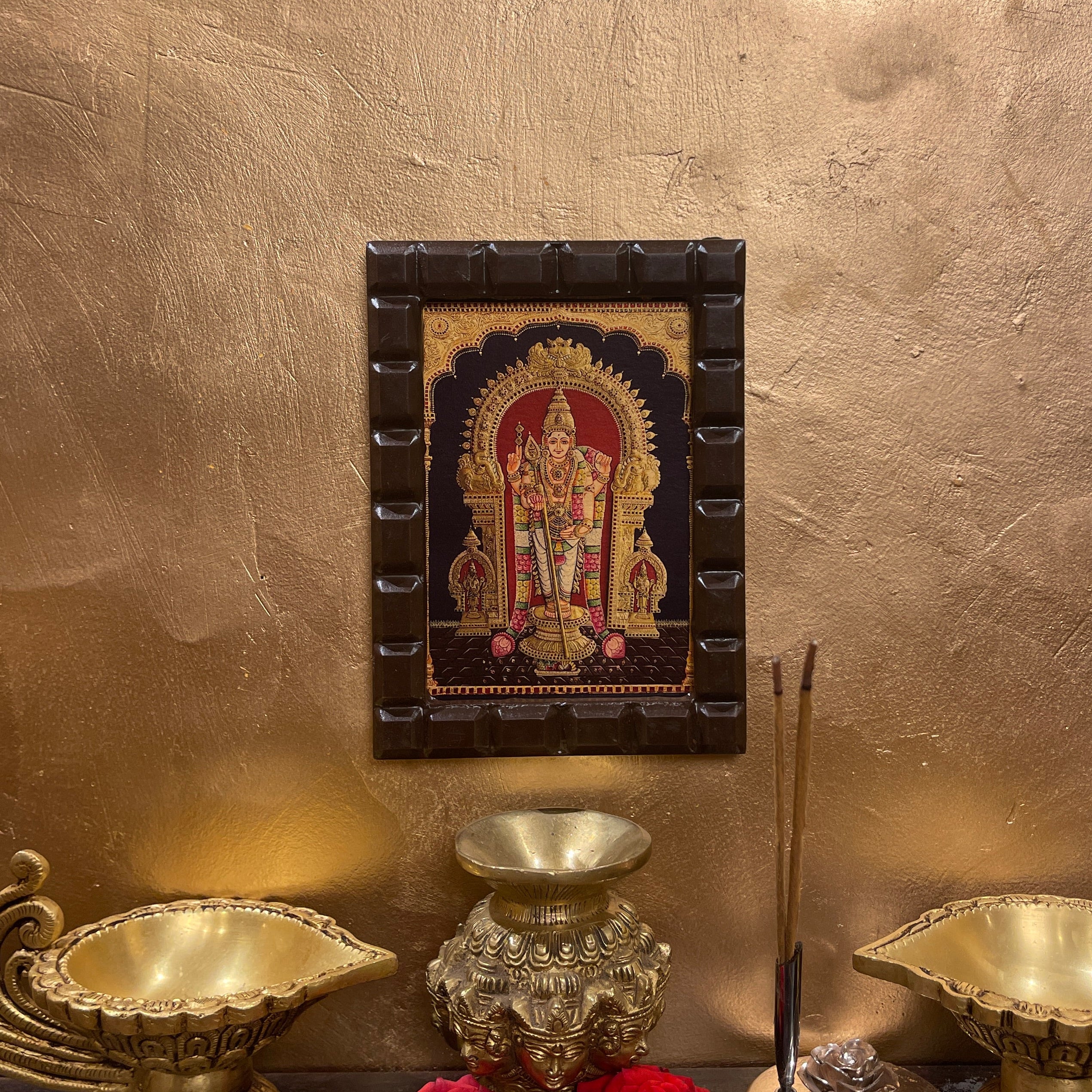 Tiruchendar Murugan Gold Leafed Art With Wooden Frame