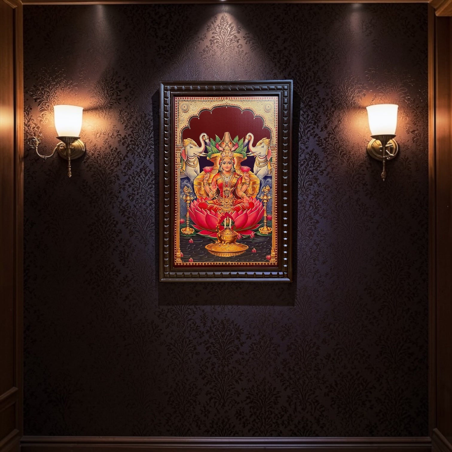 Gaja lakshmi - 4 gold foiled artwork in wooden frame
