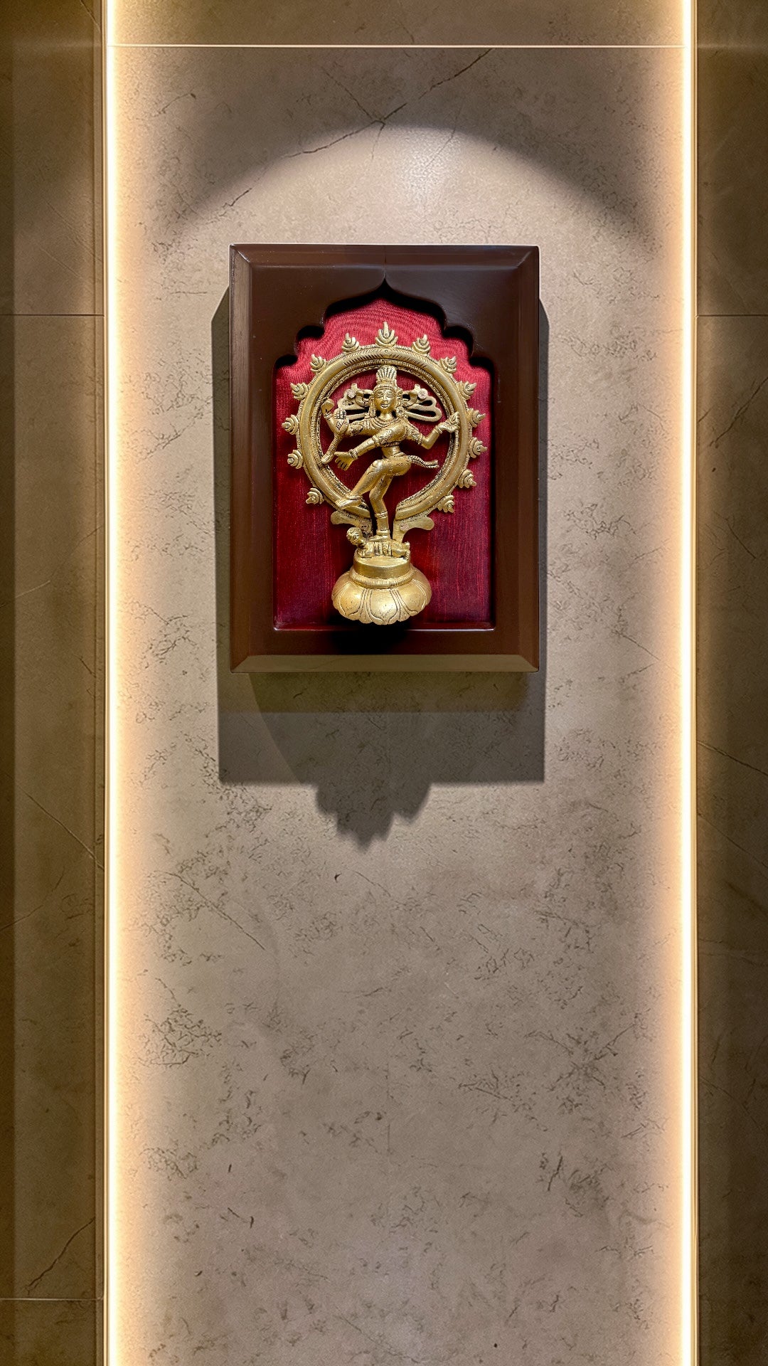 Brass Nataraja Statue with Red Silk Backdrop | Wooden Frame Wall Decor